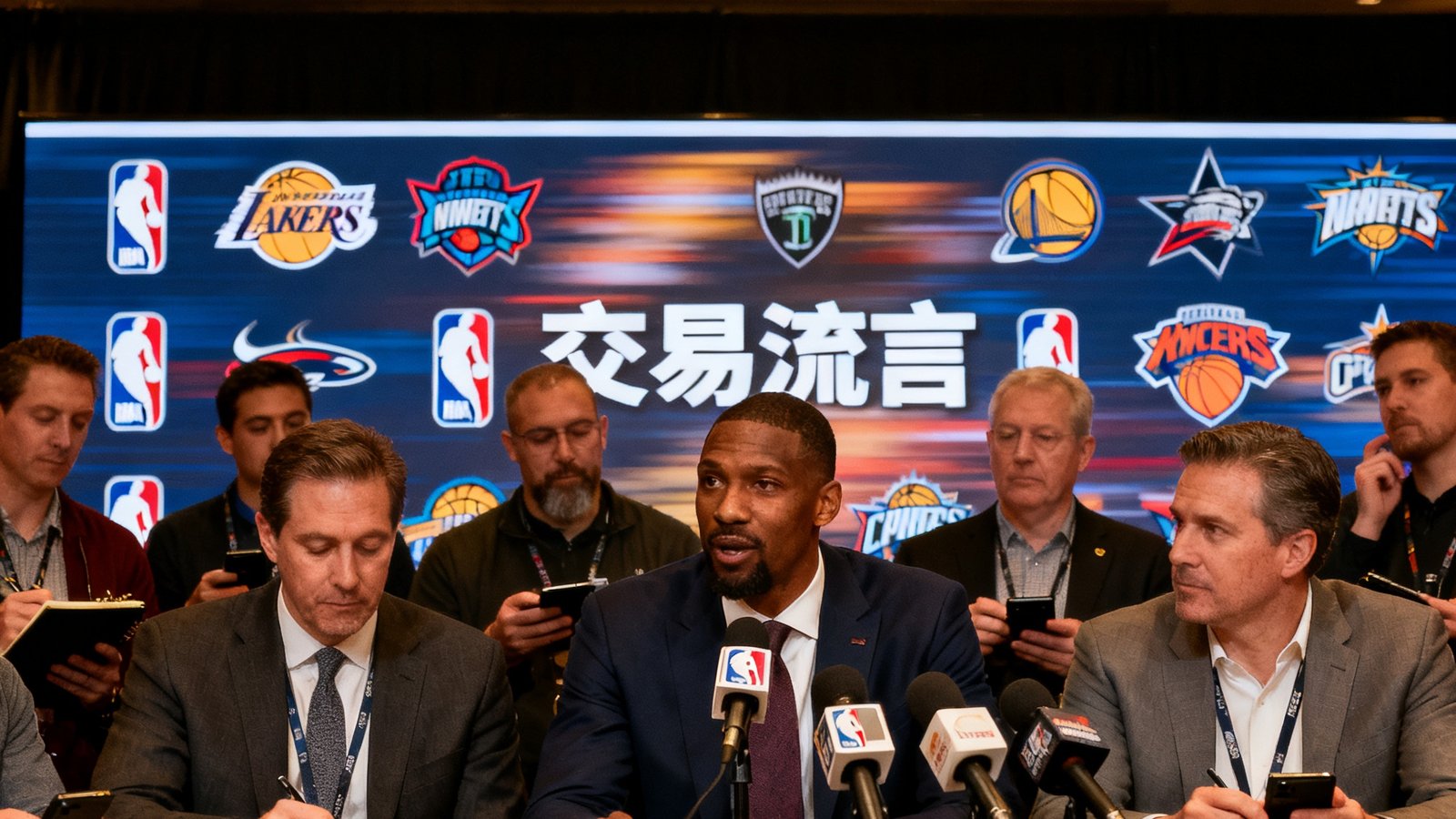 NBA交易截止日前夕的新闻发布厅，记者们围聚在话筒前等待重磅消息，背景屏幕上滚动着各队队徽和交易流言字样。
